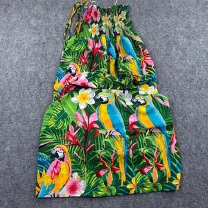 Gypsie Blu Small Tropical Parrot Smocked Halter Top Green Floral Summer Women's